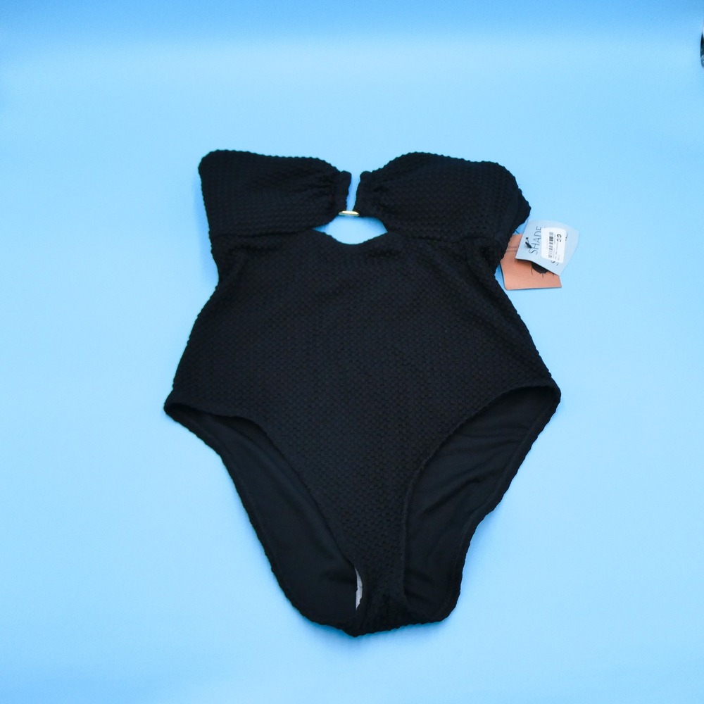 Shade & Shore One Piece Swimsuit Womens Medium Black Textured Pique Cutout